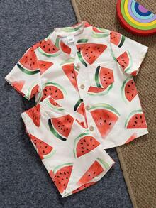 SHEIN Playful Pals 2件/組 嬰幼兒西瓜印花短袖上衣與短褲套裝 可愛白色與紅色男嬰夏季海灘度假服飾套裝 - 彩色 - 查看 8