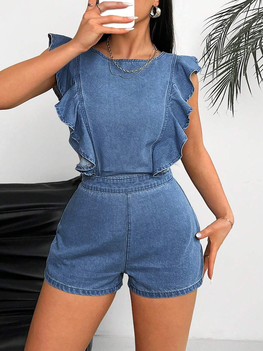 Rivivi Plus Size Ruffled Backless Denim Romper - Blue - View 1