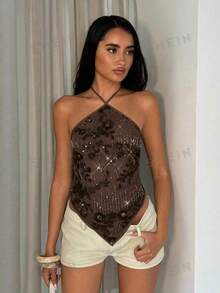 SHEIN Glamour Women's Sleeveless Sequin Sexy Beach Vacation Top Western - Coffee Brown - View 4