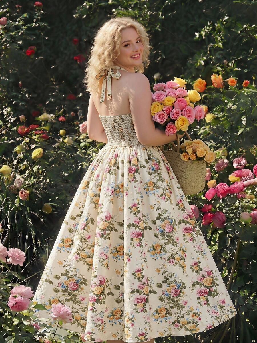 SHEIN MOD Robe mi-longue élégante à taille cintrée et imprimé floral pour femmes grandes tailles, tenue d'été et de vacances, style rétro, vintage et campagne, pour sortir, pour les enseignantes, pour les rendez-vous, les pique-niques, les fêtes, les bals de promo, les anniversaires, style cottage, thé, laitière, français, imprimé floral - Multicolore - Voir 1