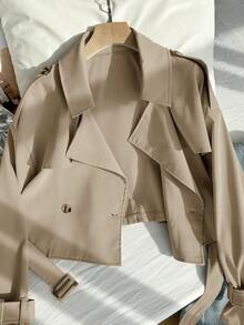 Comfortcana Plus Size Retro Khaki Short Trench Coat With Collar, Suitable For Spring And Autumn Fall - Khaki - View 8