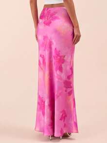 SHEIN Glamour Chân váy chữ A thanh lịch, đa năng, chất liệu satin in họa tiết, trang phục mùa hè, váy ôm sát thời trang. - Hồng - Xem 2