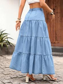 SHEIN Holidaya Chân váy denim ngắn xếp ly dáng casual đa năng dành cho nữ, thích hợp cho hẹn hò và đi chơi, mùa hè. - Rửa nhẹ - Xem 2