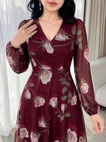 Nuevo vestido elegante y encantador de cintura ceñida con flores de rosa para mujeres de alta gama - Burdeos - Ver 4