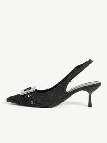 CUCCOO CHICEST Women's Shoes New French Retro Rhinestone Square Buckle Fabric Pointed Women's High-Heeled Shoes Slingbacks Elegant Commuting Style - Black - View 6