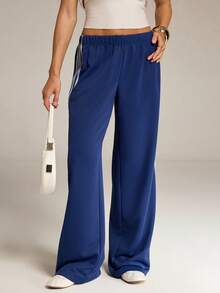 SHEIN Tall Quần nỉ ống rộng màu xanh dương dành cho nữ, thích hợp mặc thường ngày. - Màu xanh lam - Xem 7