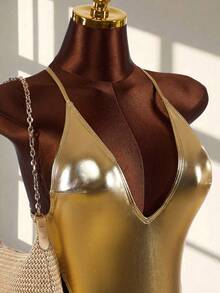 1pc Women's Sexy Backless Halter Monokini Swimsuit With Steel Rings, Suitable For Vacation And Daily Wear - Gold - View 5