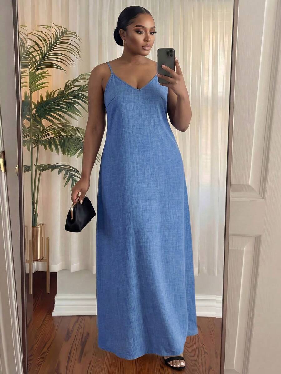 SHEIN Lady CURVE 春夏休闲全身蓝色仿牛仔沙滩吊带舞会礼服吊带裙加大码连衣裙格子裙非洲风情连衣裙，女士派对连衣裙