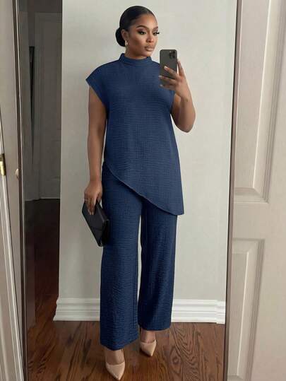 SHEIN Lady CURVE 加大码纯色立领短袖不对称下摆纹理面料上衣和裤子两件套