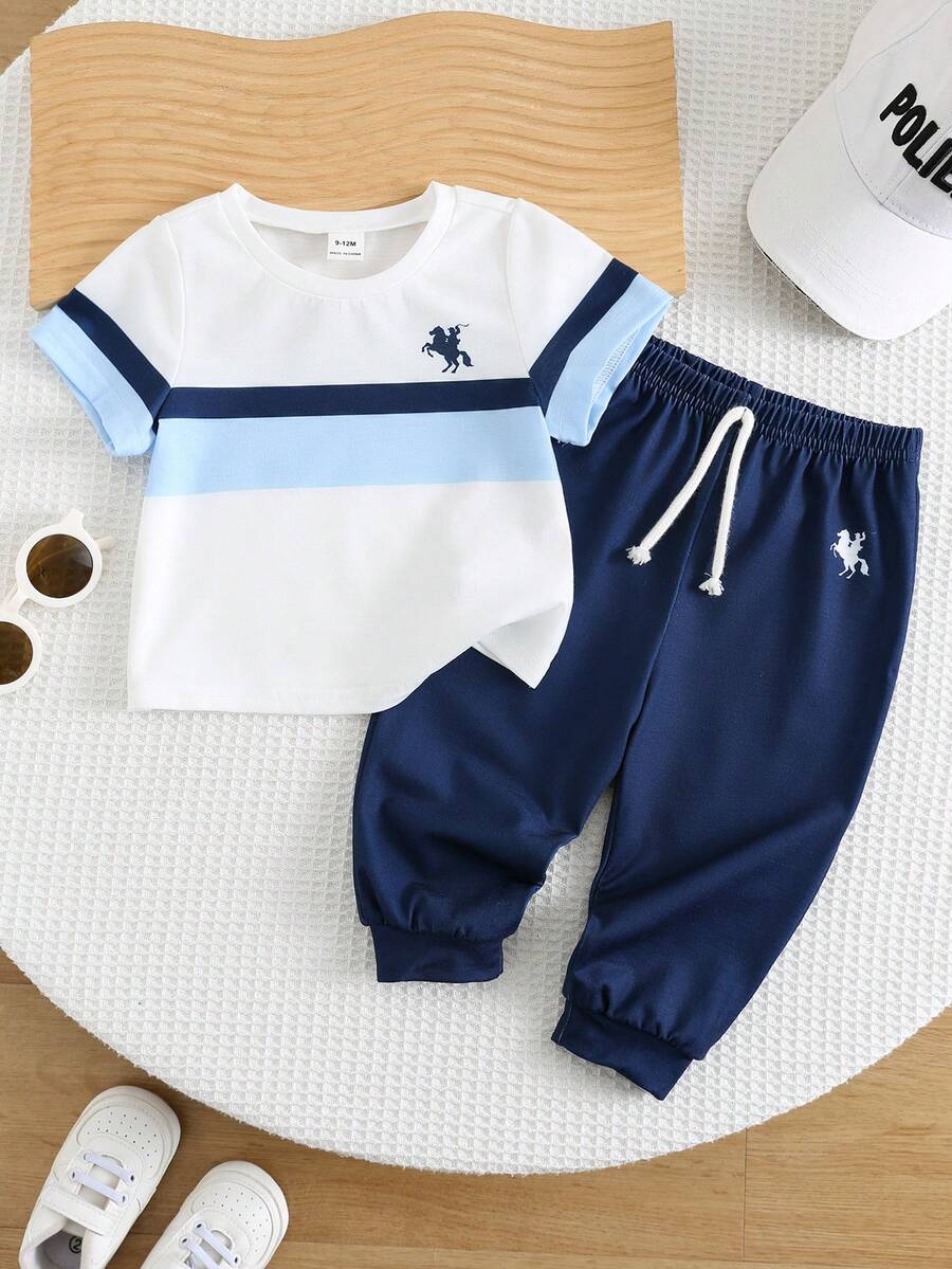 SHEIN Bộ đồ 2 món cho bé trai/bé gái màu xanh lá cây, chất liệu vải mềm mại, co giãn, thêu họa tiết, gồm áo tay ngắn và quần cạp chun, thích hợp cho dã ngoại, nghỉ hè, đi học và ở nhà. - Nhiều màu - Xem 1