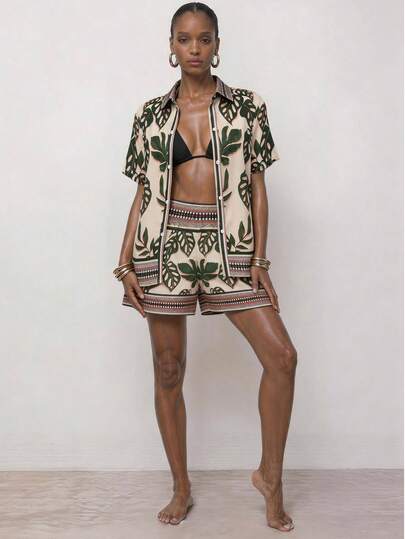 Maija Women's Tropical Plant Print Loose Fit Kimono Cover-Up, Suitable For Beach, Vacation