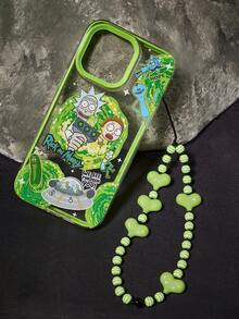 Rick and Morty X SHEIN Ốp điện thoại hai lớp độc đáo, trong suốt, bền bỉ và thời trang - Thiết kế in hình du hành giữa các vì sao, tương thích với iPhone 11 - 17 Pro Max - Màu xanh lá cây nhạt - Xem 2