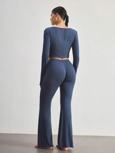Ocili Women's Solid Color Long Sleeve Top And Flare Leg Pants Casual Suit