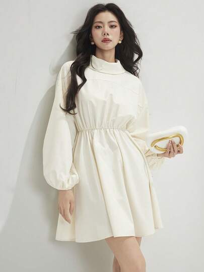 Heiryn Women's Casual Commuting Minimalist Solid Color Turndown Collar Lantern Sleeve Waist Cinched Short Dress, Autumn