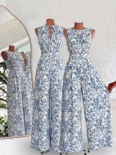 Ellevyn Bộ áo liền quần nữ không tay kiểu dáng thường ngày, cổ buộc dây và họa tiết in.