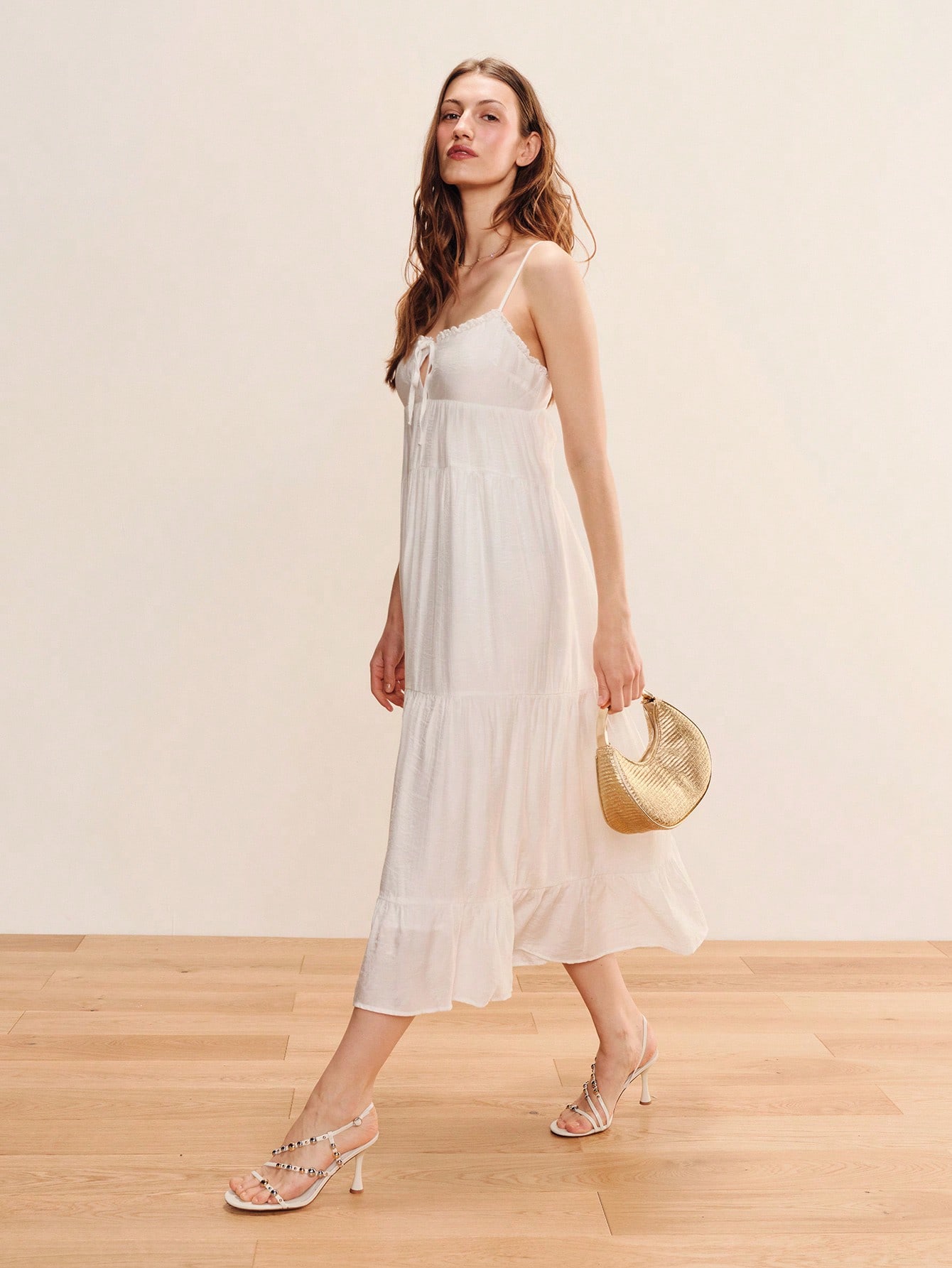 Romantic White Midi Backless Dress With Thin Tie-Back Straps And Tiered Ruffle Panels Summer Holiday Dress Casual Dress Vacation Dress White Dress Boho
