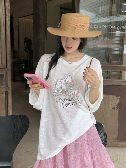 TOM AND JERRY X DAZY Camiseta casual de manga larga con cuello redondo y estampado de dibujos animados para mujer