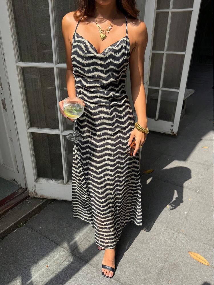 Women's Plunging Neck Backless Casual Vacation Beach Striped Dress Sun Dresses For Women Summer