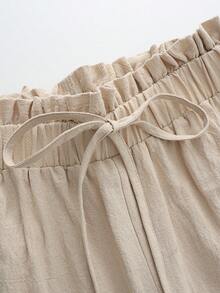 SHEIN Holidaya Quần dài nữ màu mơ mới, chất liệu cotton nguyên chất, dáng rộng, cạp chun, thích hợp cho kỳ nghỉ, đi làm, đi chơi, mặc nhà, thanh lịch, mùa xuân/hè. - Màu be - Xem 6