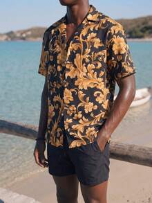 Palasendo Men's Baroque Print Short Sleeve Shirt & Shorts Beach Outfit Set Man Swim Trunks - Black - View 3