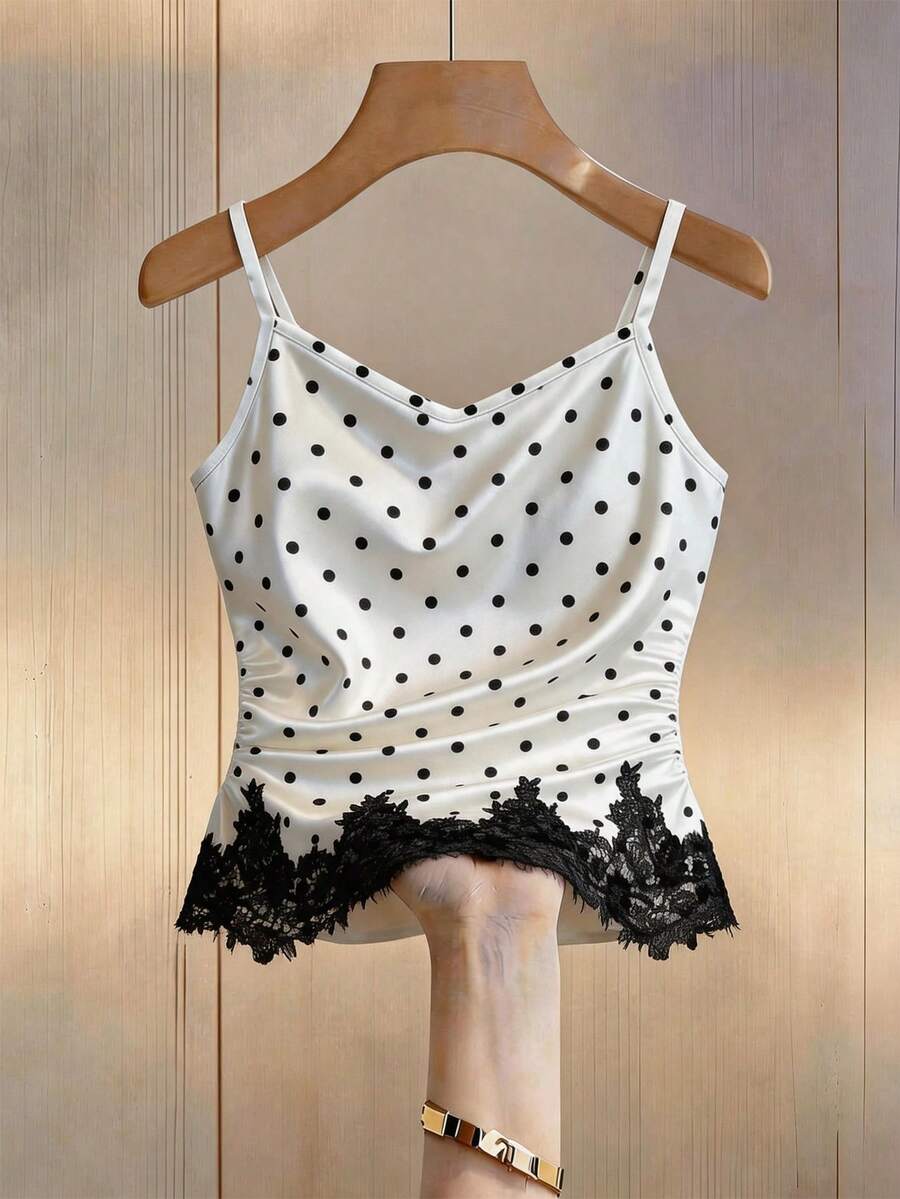 Franclia Satin Polka Dot Print Waist Ruched Lace Trim Patchwork Blouse For Women - White - View 1
