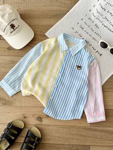 SHEIN 1 chiếc áo sơ mi dài tay cổ bẻ phối màu kẻ sọc có túi dành cho trẻ em/bé trai, thích hợp mặc hàng ngày, đi chơi, hoạt động ngoài trời, lễ hội, kỳ nghỉ hè ở bãi biển, mùa xuân/hè. - Nhiều màu - Xem 4