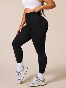 SHEIN Sports 大码女式高腰弹力显瘦纯色运动紧身裤 - 黑色 - 查看 2