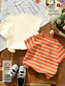 2pcs Girls Casual Tops, Spring Summer Autumn, Cute Floral & Striped Print, Comfortable Daily Wear, Suitable For Girls - Multicolor - View 2
