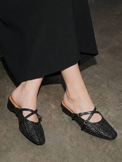 Hollow Out Slip-On Sandals, Woven Platform, Square Toe, Buckle Decor, Suitable For Spring/Summer, Plus Size Women