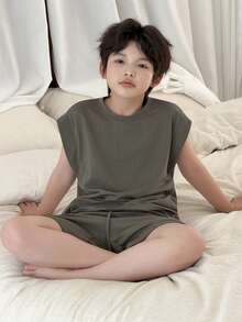 DAZY 青少年男孩休閒純色圓領上衣與抽繩腰口袋短褲家居服套裝 夏季 - 深灰色 - 查看 9