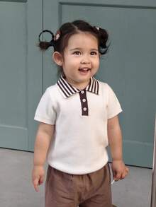 DAZY Toddler Girls' Korean Style Collared Short Sleeve Top - Beige - View 5