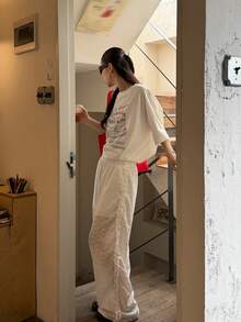 DAZY Women's Hollow Embroidery Frill Trim Casual Loose Pants Cute Tops Vacation - White - View 3