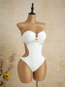 Swim Vcay 1 pièce Maillot de bain une pièce sexy dos nu avec bordure en tissu spécial de couleur unie pour femmes - Beige - Voir 7