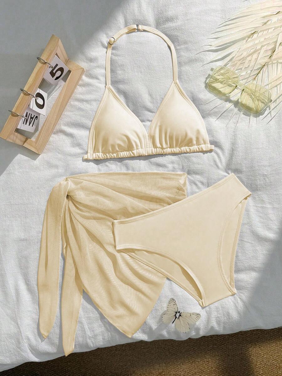 SHEIN 3件套少女黑色系列泳装套装，适合海滩度假派对、春夏穿着 - 杏色 - 查看 1