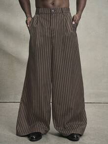 PAVTROS Men's Striped Print Casual Loose Wide-Leg Pants Wide Leg - Coffee Brown - View 4