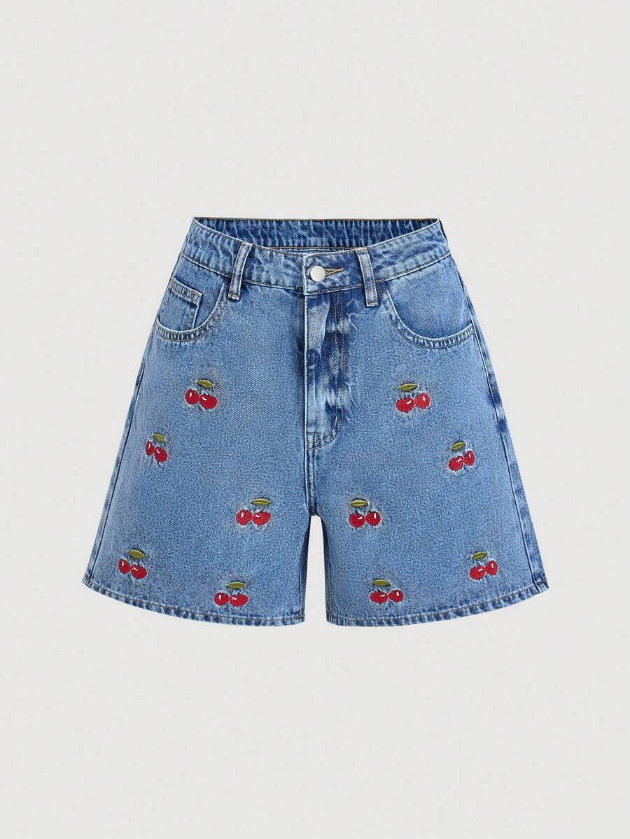 SHEIN Sweetro Quần short denim nữ kiểu dáng thường ngày với họa tiết thêu quả anh đào và túi hai bên. - Màu xanh lam - Xem 1