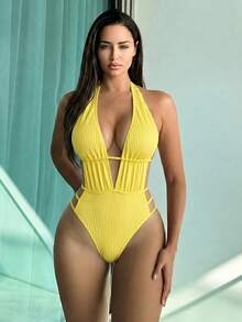 Swim Vcay 亮黄色罗纹深V领连体泳衣，露背显瘦沙滩度假泳装 - 黃色 - 查看 2