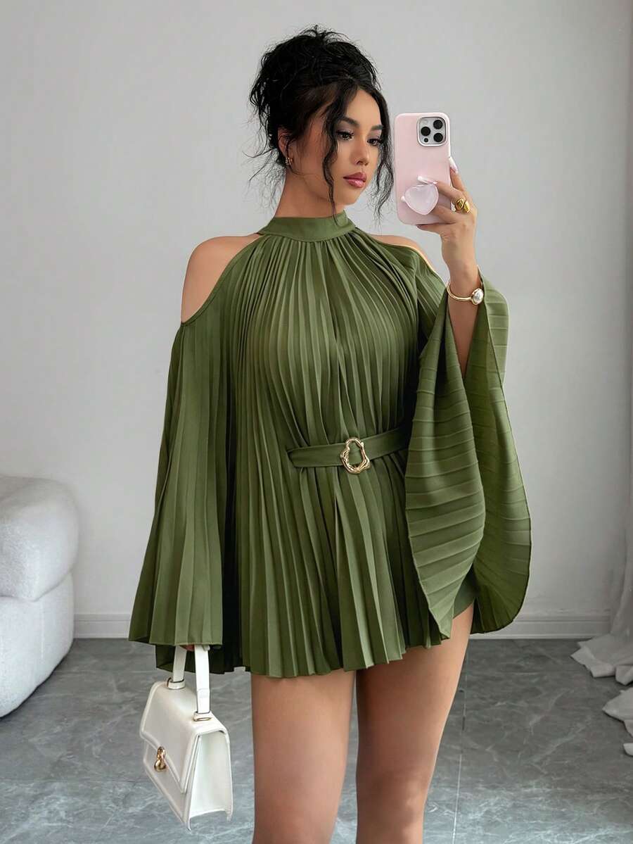 SHEIN Elenzya Áo sơ mi nữ dáng lửng thanh lịch, thắt eo, tay loe. - xanh quân đội - Xem 1