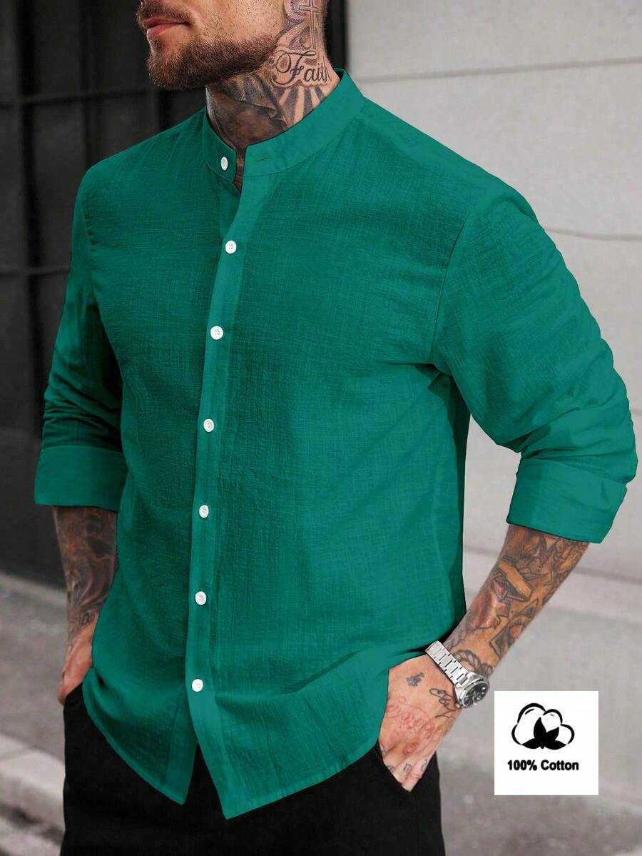 Manfinity CasualCool Kemeja Kasual Pria Lengan Panjang Kancing Tunggal Warna Polos - Hijau - View 1
