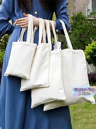 1pc/3pcs Solid Color Canvas Bag, Creamy White Canvas Shopping S, Reusable Fabric Tote ,Shoulder Bag Suitable For DIY, Advertising, Promotion, Gift, Activity For Travel ,Makeup ,Cosmetic ,Vacation Organizer,Blank White Bags For Crafts, DIY Your Creative Designs ,Large Capacity,Boho Vibes