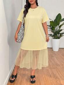 SHEIN EZwear 大码女式纯色圆领短袖宽松网纱连衣裙，春夏款 - 黃色 - 查看 3