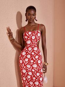 JIAN LASALA Vestido midi de mujer de Body ceñido con tirantes finos y sin mangas con estampado multicolor - Rojo - Ver 7