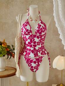 Swim Vcay 女款花卉印花V領掛脖露背兩件式泳衣套裝，夏季度假海灘泳池派對白色波西米亞風 - 彩色 - 查看 1