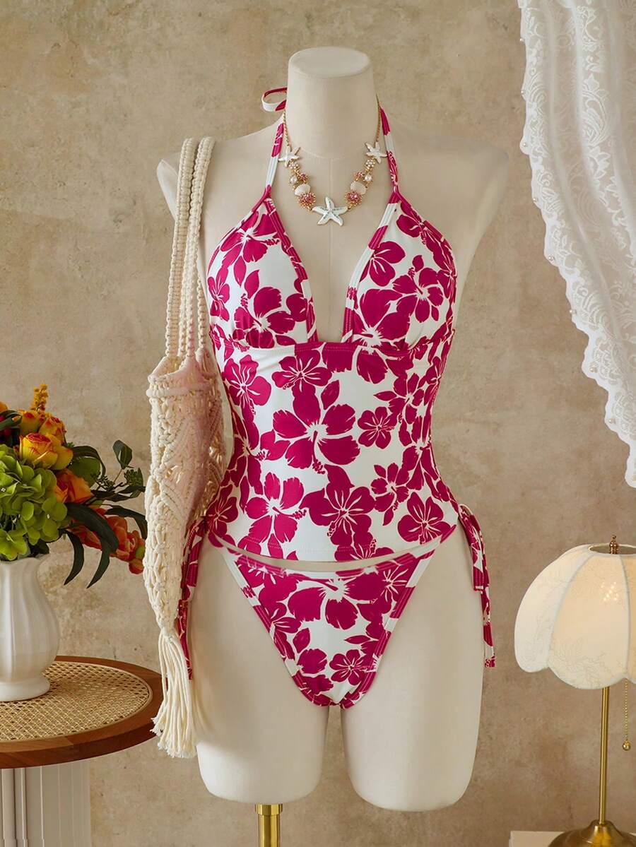 Swim Vcay 女款花卉印花V領掛脖露背兩件式泳衣套裝,夏季度假海灘泳池派對白色波西米亞風 - 彩色 - 查看 1