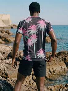 Palasendo Men's Black Palm Tree Pattern Raglan Short Sleeve Top And Shorts Swimsuit Set,Rash Guard For Summer Casual Beach Vacation Holiday Resort Swimming Wear - Black - View 2
