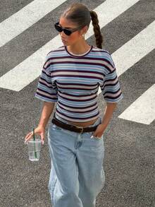 Muchica Women's Retro Contrast Color Striped Print T-Shirt,Blue And White Stripe,Summer,Casual,Everyday Summer Top,Street Style,Y2K,Chic,Work Commute,Holiday - Multicolor - View 4