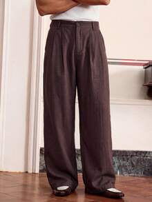 SWAVVY Men's Solid Color Pleated Wide Leg Loose Casual Long Pants,For Spring And Autumn - Brown - View 5