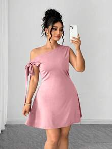 Elenzga Đầm nữ cỡ lớn kiểu dáng đi biển mùa hè, màu trơn, cổ bất đối xứng, eo xoắn. - Hồng - Xem 3