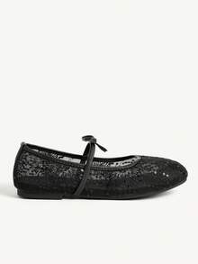 CUCCOO CHICEST Spring And Summer Mesh Lace Bow Design Square Toe Flat Heel Gentle Mesh Black Mary Jane Shoes Daily Commute - Black - View 3