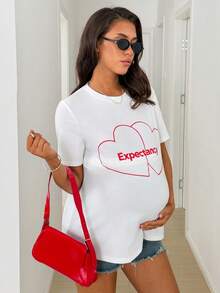 SHEIN Áo thun ngắn tay cổ tròn in chữ và trái tim, thích hợp cho bà bầu và cho con bú, kiểu dáng thường ngày, mùa hè. - trắng - Xem 6